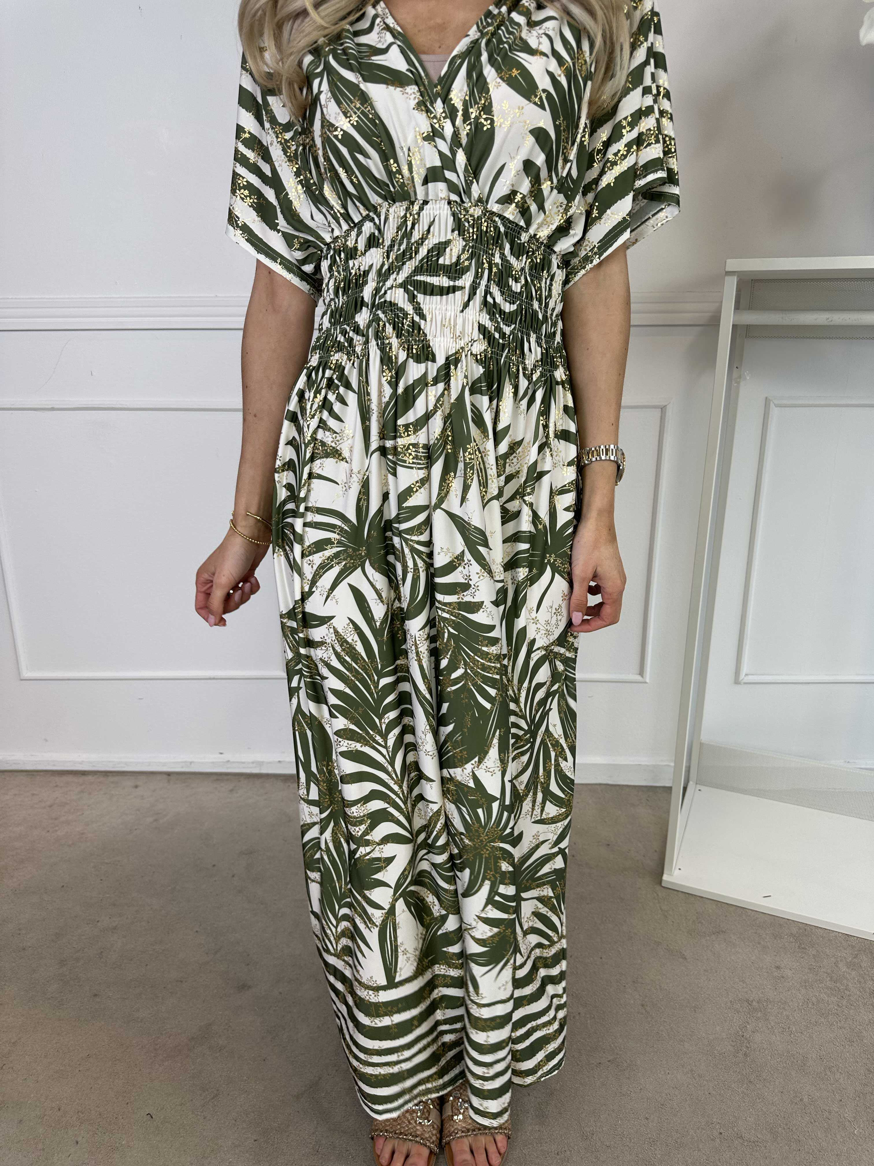 Pams Palm - Lang elastisk kjole med palmeblade og smock i livet